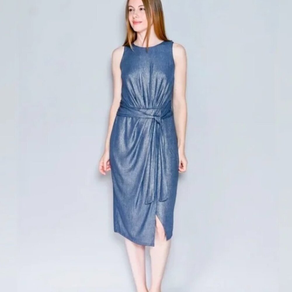 Superfoxx Navy Silver Sparkle Dress Sleeveless Sheath Ruched Party Size Large